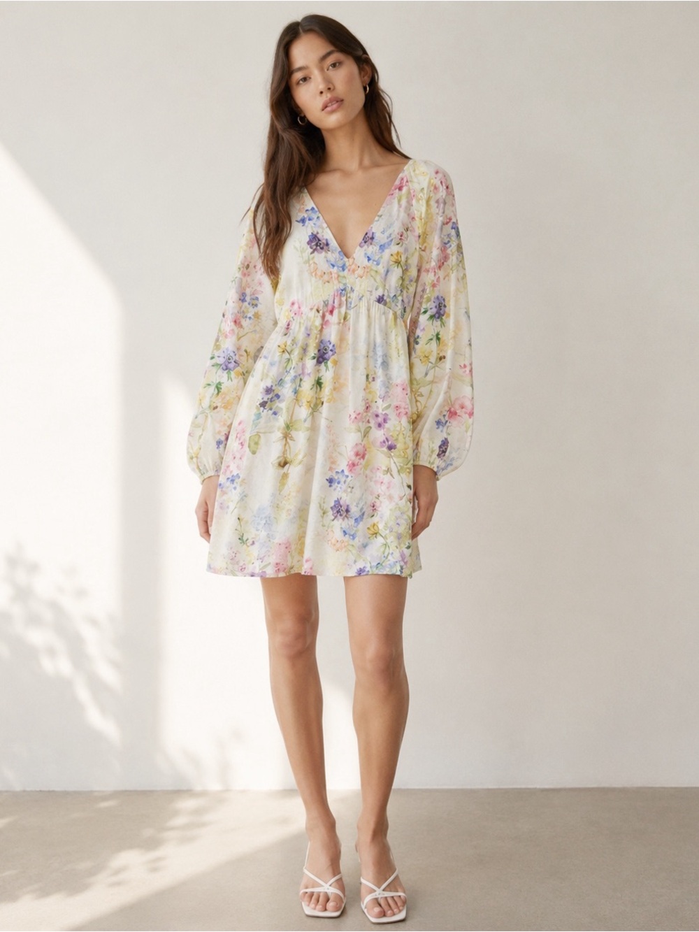 H&M Woman Pastel Floral Relax Balloon Sleeve Babydoll Mini Dress SMALL Boho Folk